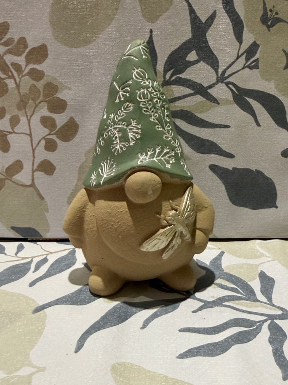 Green Hat Garden Gnome Figurine with Dragonfly